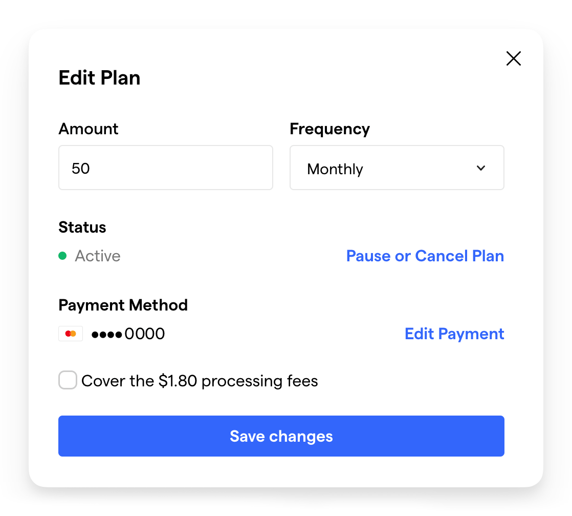 The Edit Plan popup, with fields for amount, frequency, status, payment method, and processing fees