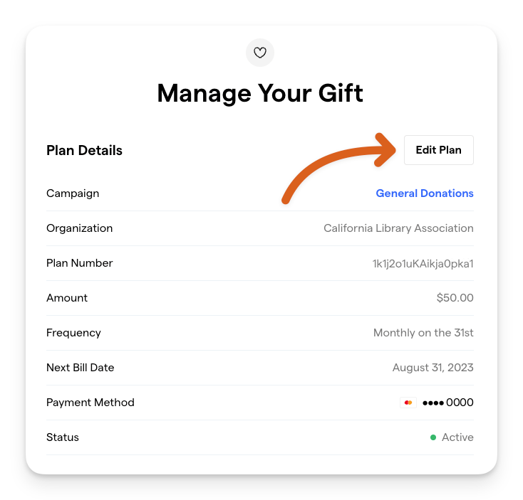 The Manage Your Gift screen, showing plan details and an Edit Plan button